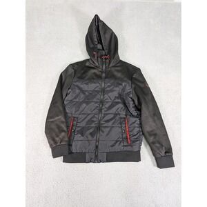 SOBK Jacket Mens‎ Medium Black Hooded Quilted Full Zip Windbreaker Red Accents